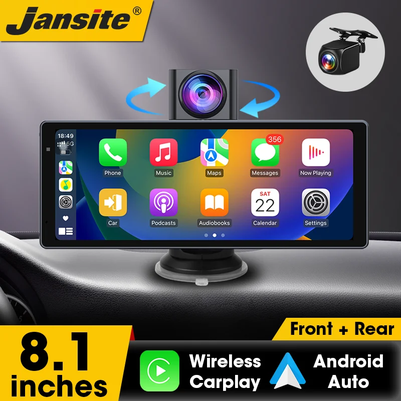 كاميرا لوحة القيادة 8.1 بوصة مع كاميرا خلفية، CarPlay وAndroid Auto، ملاحة GPS، مسجل فيديو للسيارات، مسجل فيديو ثنائي العدسة، FM، ومرآة مراقبة.