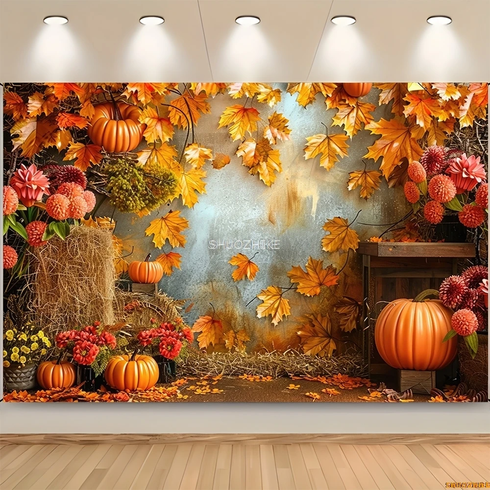 Halloween Day Photography Backdrops Props Wagon Tablecloth Fall Scene With Pumpkin Patch Door Photo Studio Background HW-01