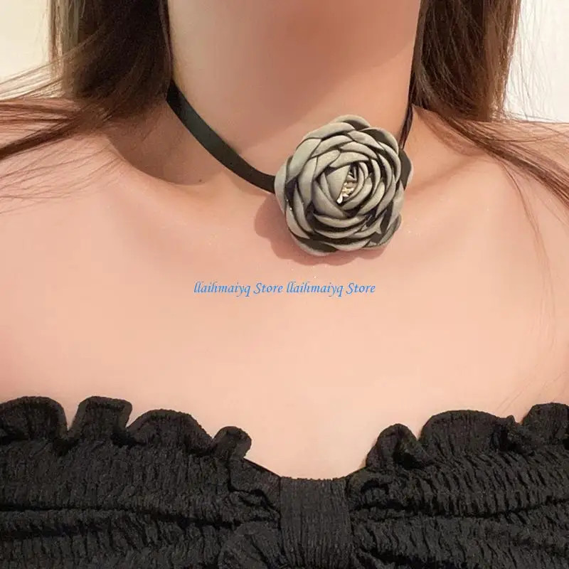 

573B Camellia Flower Bowknot Choker with Long Ribbon Vintage Collar Wedding Necklace
