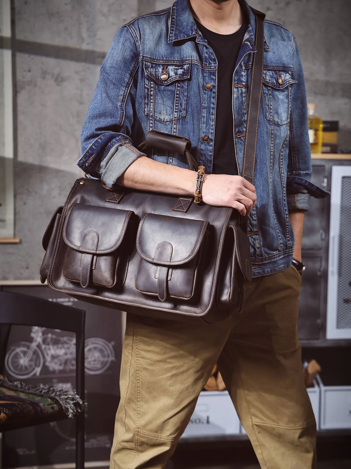 

Business vintage designer handmade crazy horse cowhide men briefcase laptop handbag genuine leather large-capacity messenger bag