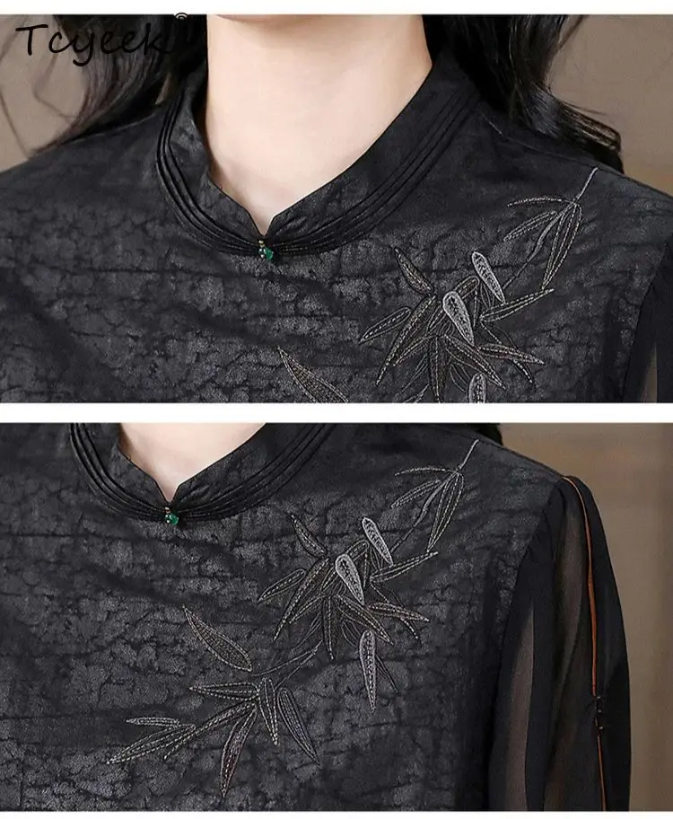 Tcyeek, T-shirt elegante in seta di garza annaffiata, ricamo a mezza manica da donna, camicette vintage larghe, estate autunno 2024 T46059QM