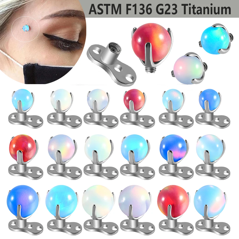 1PC G23 Solid Titanium Dermal Anchor Tops Opal Ball Eyebrow Studs Internal Threaded Fashion Body Piercing Jewelry For Women Men