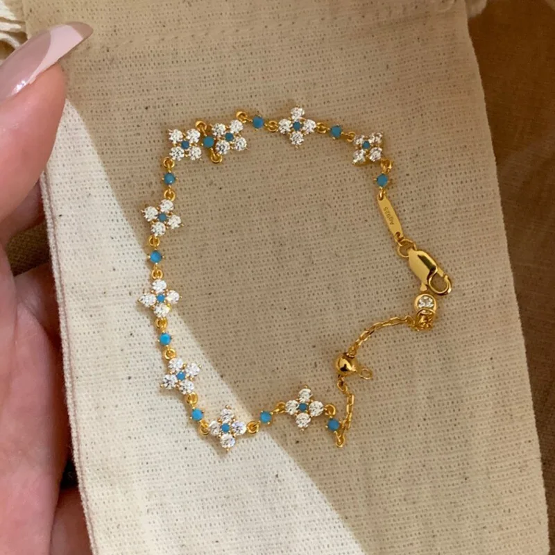 Versilbertes Vierblättriges Kleeblatt-Armband mit Türkis und Klarem Zirkon, Verstellbare Kette, Eleganter Alltagsschmuck für Damen, Geschenk – Detail 8