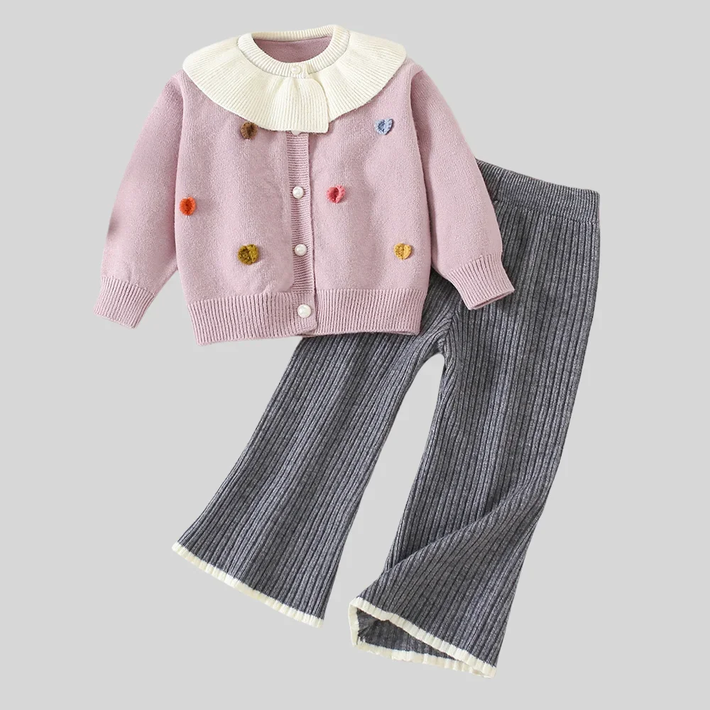 

Autumn New Baby Girl Knit Outfit Set Ruffle Collar Cardigan & Flared Ribbed Pants Toddler Casual Clothes