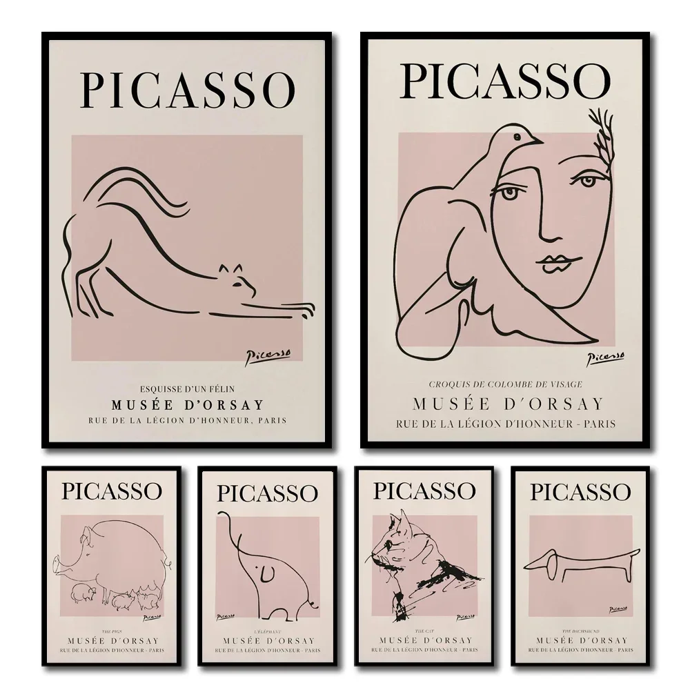 Multiple sizes 1pc frameless Canvas Painting,1pc Picasso Artwork, Vintage Line Canvas Art Poster, Minimalist Line Drawing, Anima