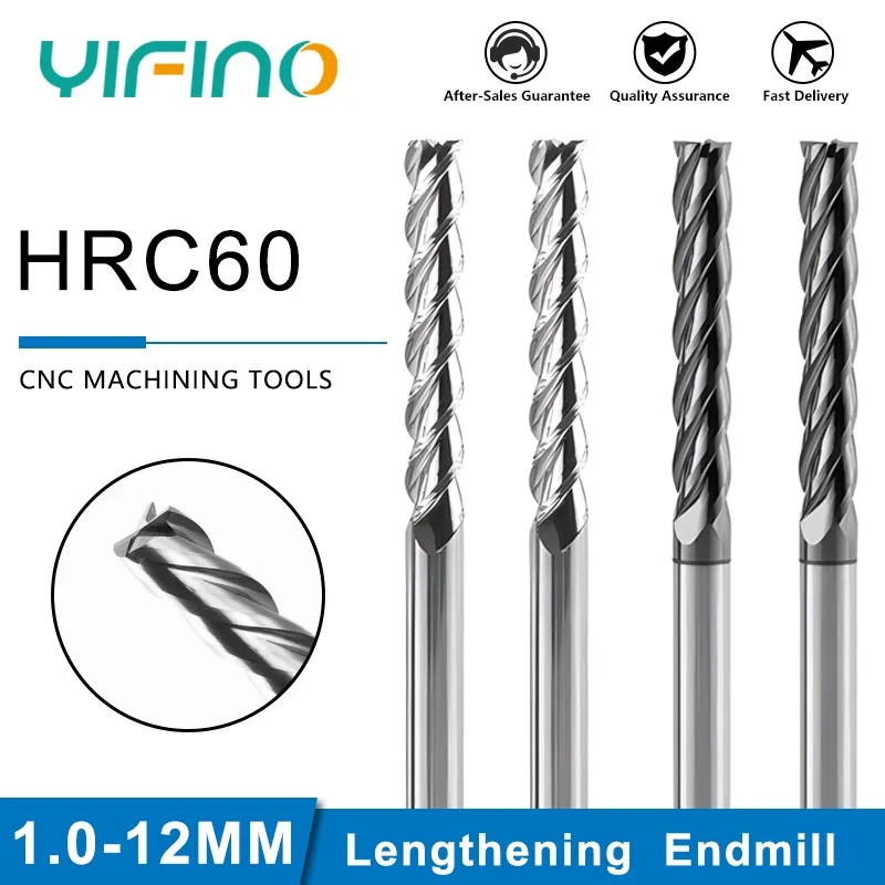 YIFINO HRC60 4-Flute Tungsten Steel Carbide Lengthening Flat Milling Cutter For Steel/Aluminum CNC Machining End Mill Tools