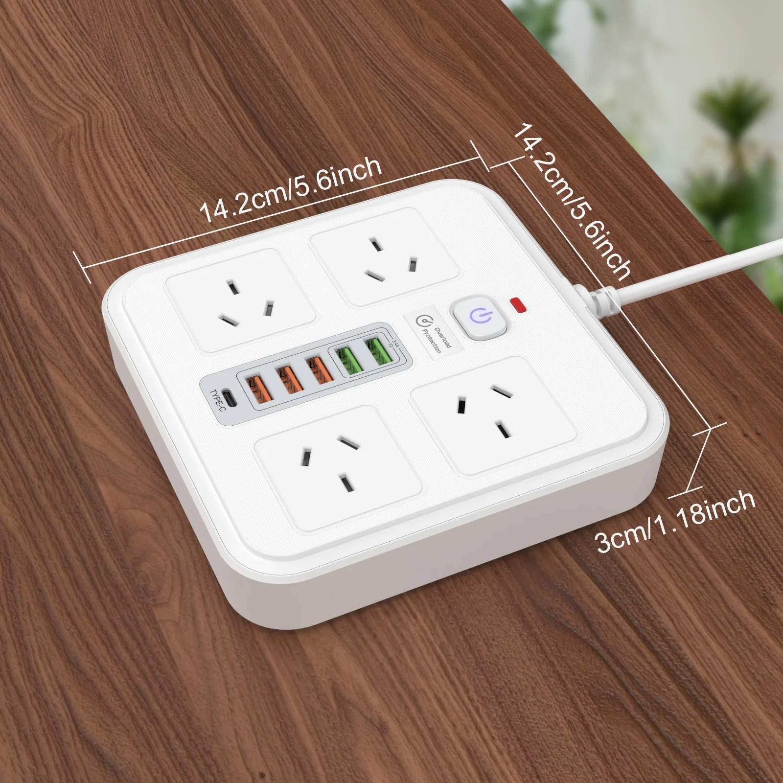 AU Plug power board with 5 USB ports 1 Type C port Power adapter socket Overload protection Network filter 2 m cable black White