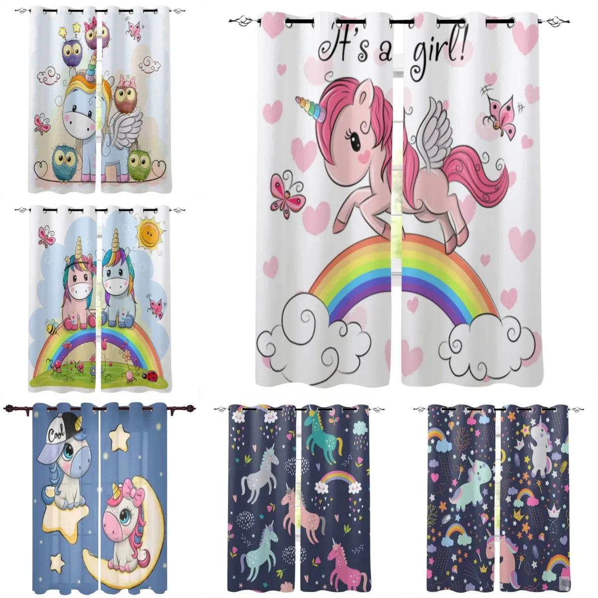 

2panels Cartoon Cute Pink Unicorn Windows Curtains for Living Room Child Bedroom Window Treatment Blinds Kitchen Curtains