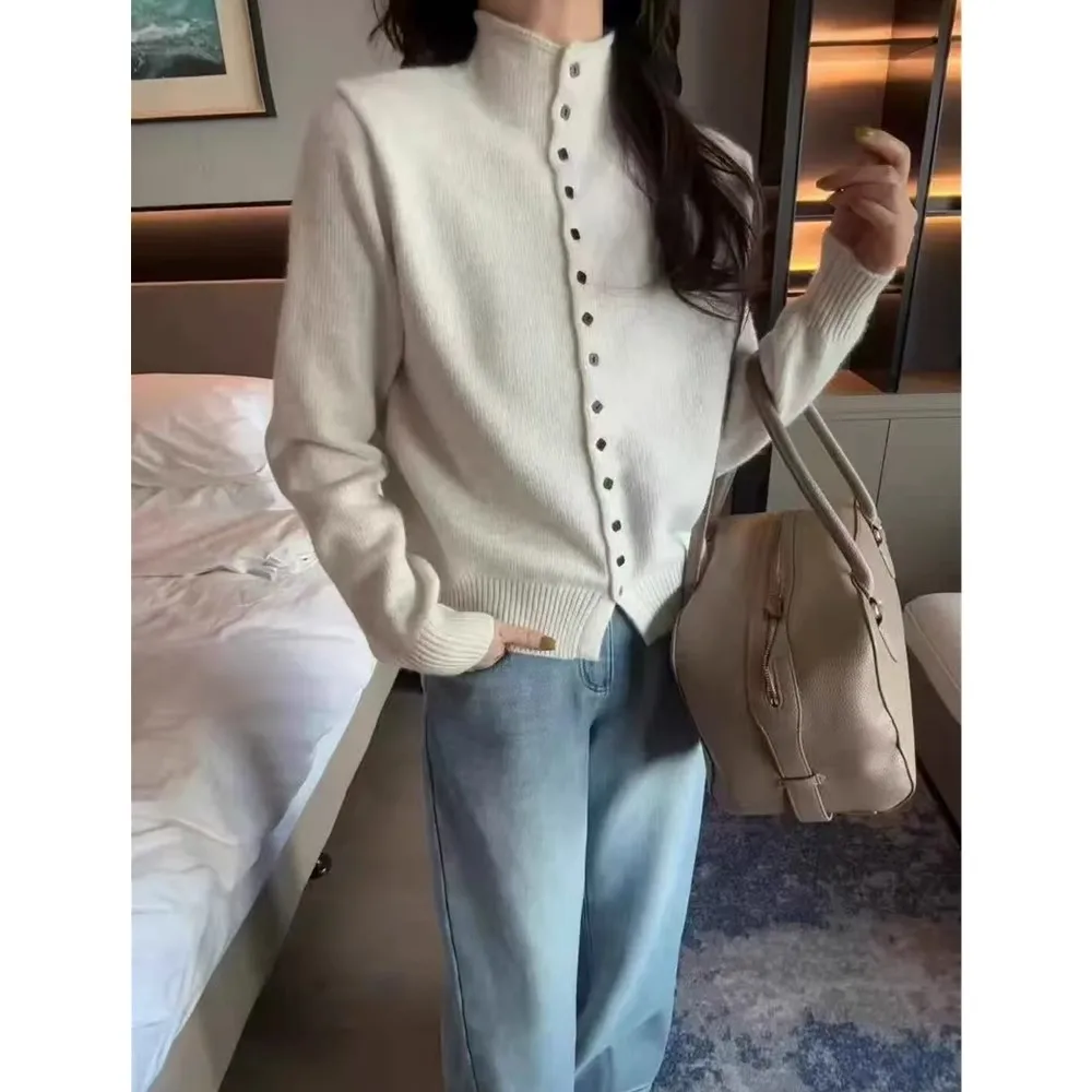 

Нежный кашемировый вязаный кардиган в европейском стиле с полувысоким воротником для женщин, осенне-зимний свободный и мягкий свитер, свитер, пальто