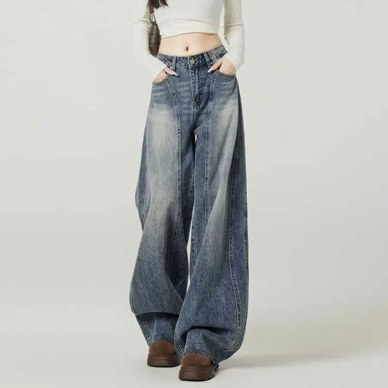 

Harajuku Vintage Women's Blue High Waist Wide Leg Baggy Jeans American Style Loose Hip Hop Denim Trousers