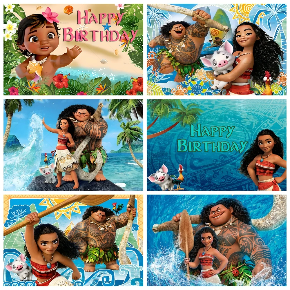 

Disney Moana Photo Backdrop Custom Children Girls Happy Birthday Cartoon Backgrounds Banner Party Photography Decoration Prop