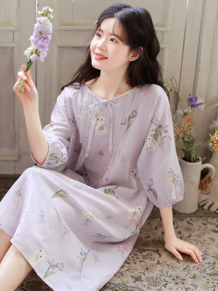 純粋な綿のナイトガウン女性の甘いかわいい七分袖ホーム服スリープドレス快適な通気性のあるポリエステル繊維インナー
