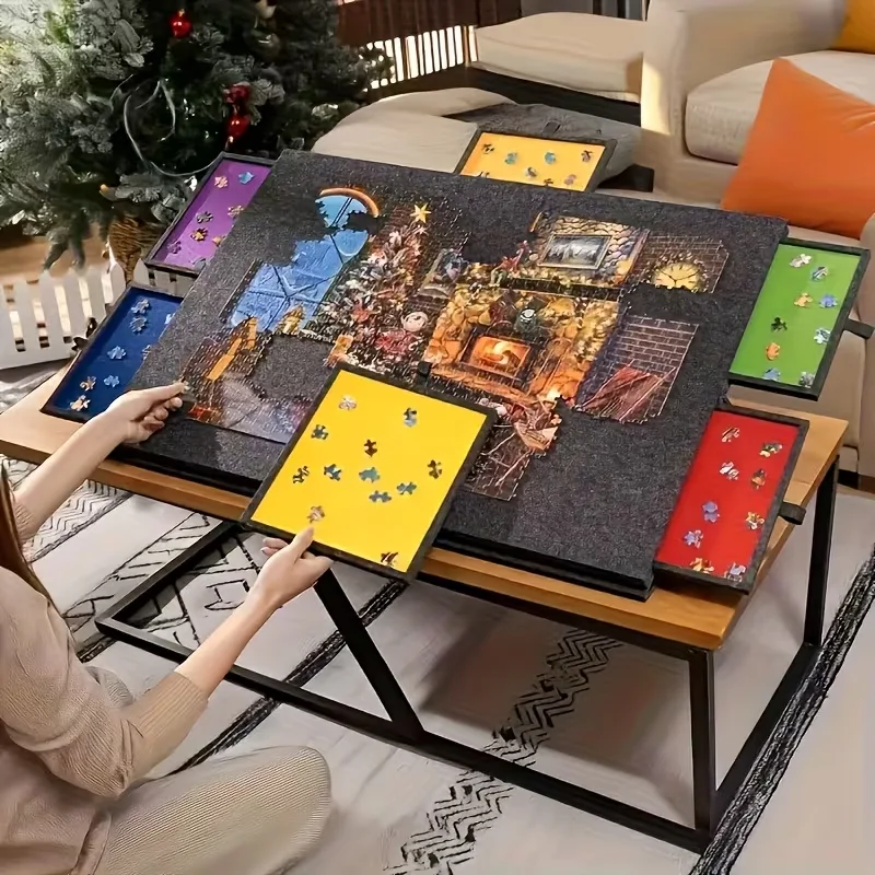 6-Drawer 1500 Pieces Jigsaw Puzzle Board,Felt Puzzle Board with 6 Color Drawers,Tilting 2-in-1 Stand &Cover,Portable Lightweight