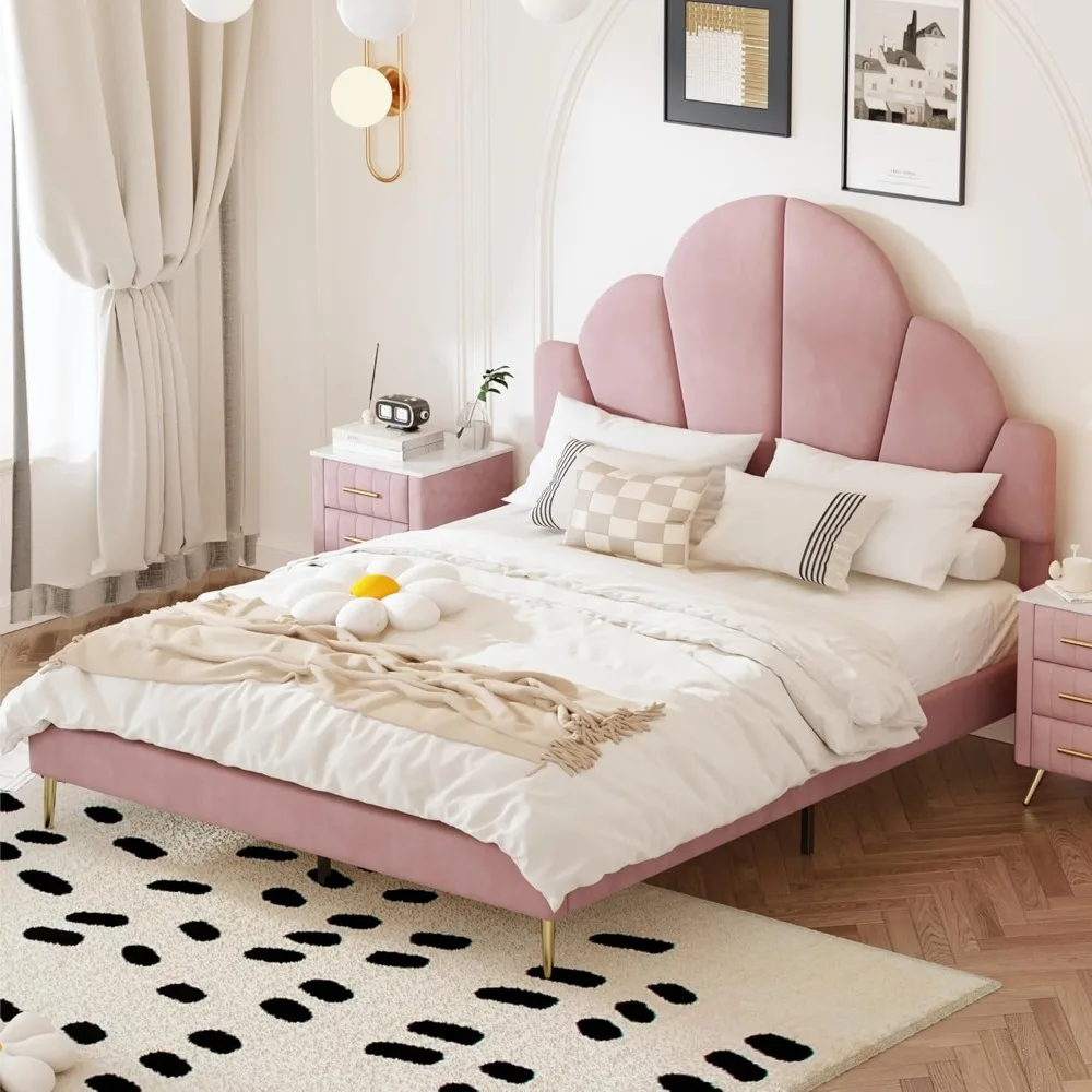 

Queen Size Upholstered Bed Frame with Elegant Design, Modern Velvet Platform Bed with Petal Shape Headboard,Pink Bed Frames