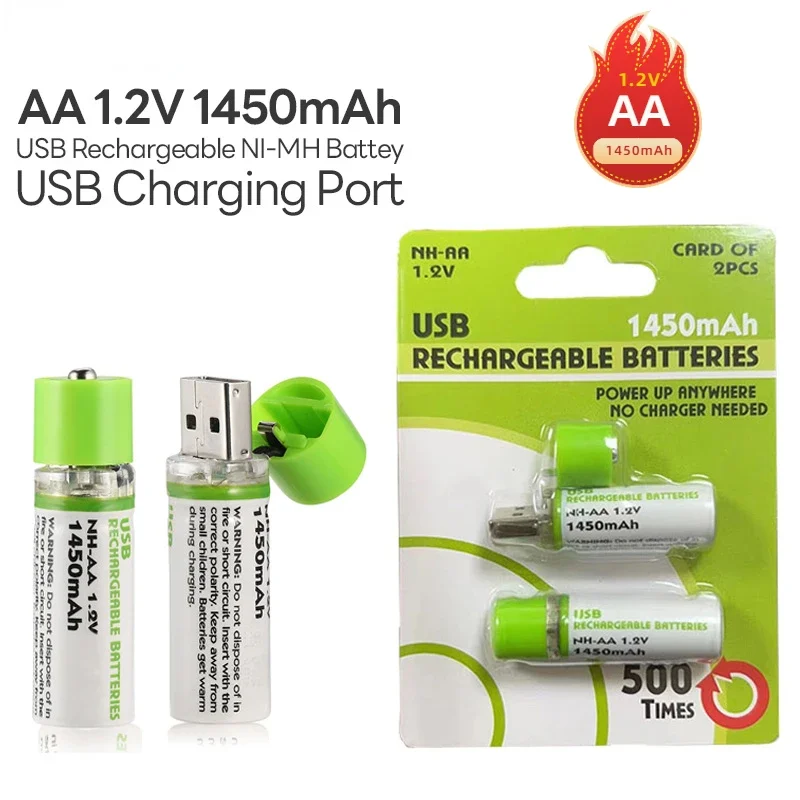 2024 New AA USB NI-MH Rechargeable Battery 1.2V 1450mAh USB Charging Port for Toy Mouse Remote Control Electric Toothbrush Radio