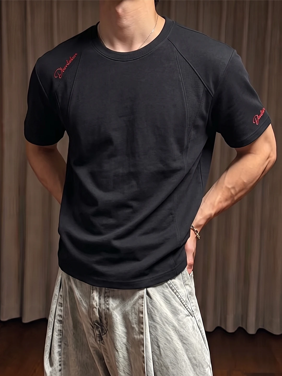 Cleanfit American Red Label Embroidered T-Shirt Men's Summer Fashion round Neck Short Sleeve Retro Heavy Half Sleeve T-Shirt
