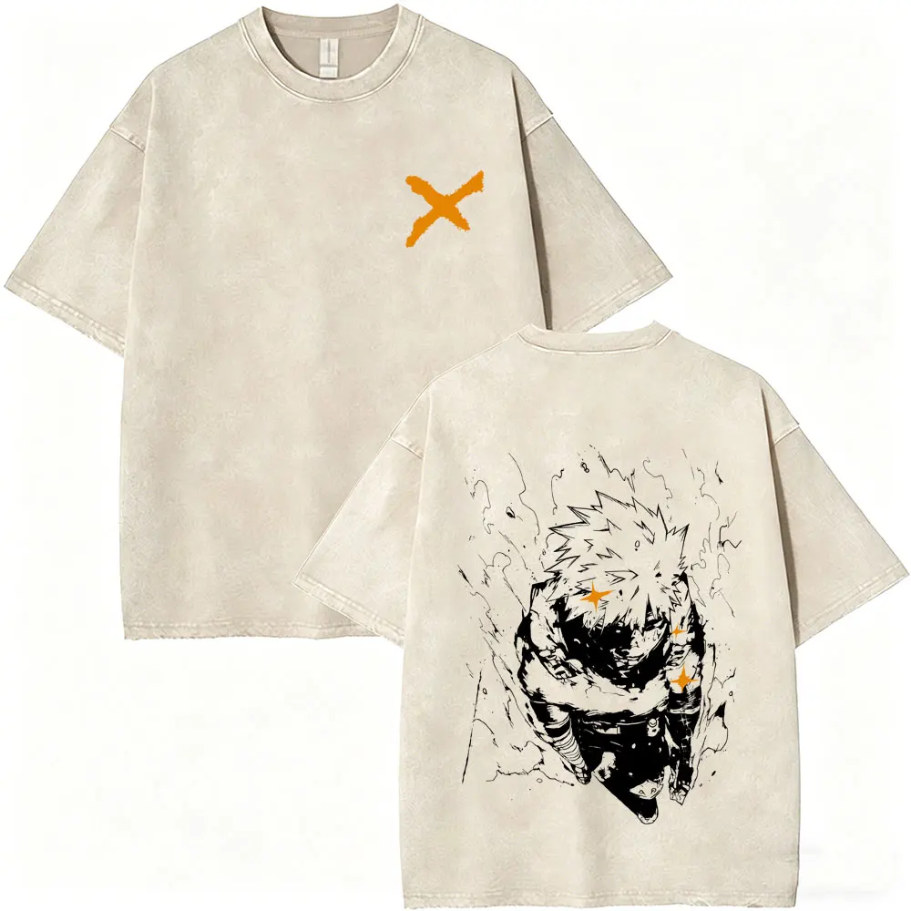 Washed Vintage Anime My Hero Academia Midoriya Izuku Shoto Todoroki Bakugou Katsuki Eyes Print T Shirt Men Casual Retro T-shirts
