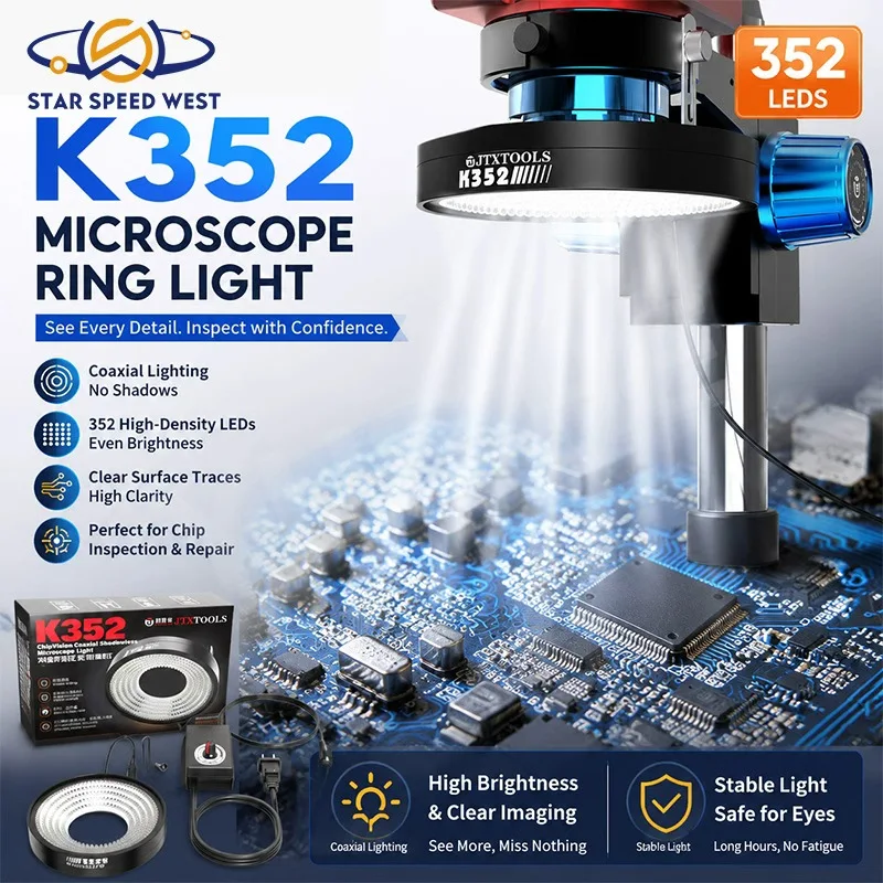 JTX K352 Coaxial Shadowless Microscope Light with 352 High Density LEDs Even Brightness Minimal Glare for CPU PCB Lighting Tool