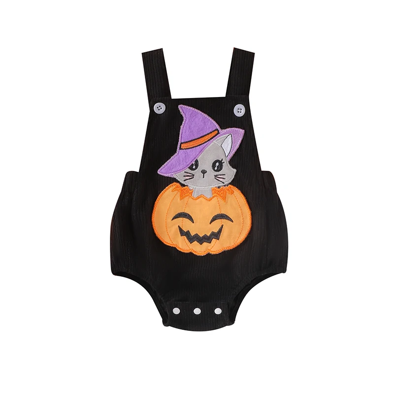 Baby Halloween Fall Overalls Romper Witch Pumpkin Cat Embroidered Sleeveless Square Neck Corduroy Jumpsuits