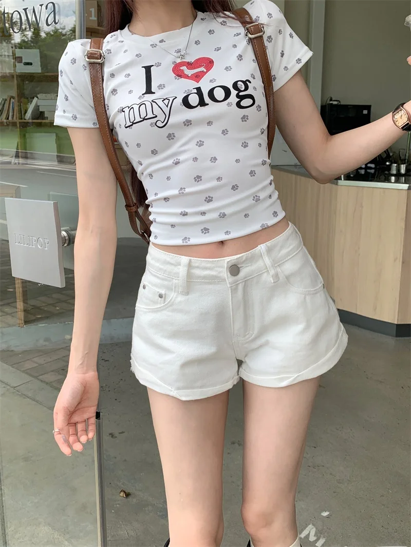 

Low Waist Straight Leg Jeans Women's Summer Fashionable Versatile White Cuffed Shorts Straight Tube Pants No Stretch Denim
