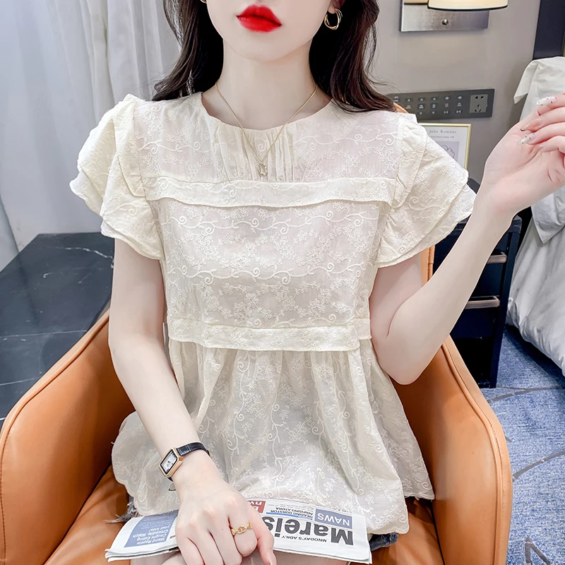 Koreaanse stijl schattig fluttermouwen borduurwerk ruches blouses zomer beige kaki roze kanten shirts top elegante dames