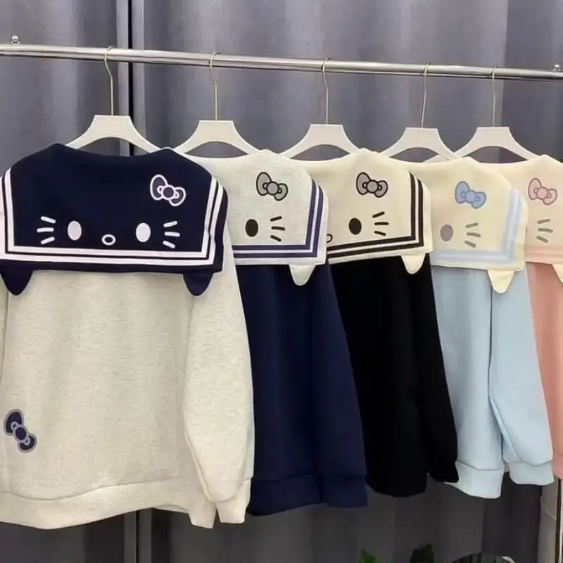 Anime Kawaii Kitty Cat Girls Zipper Sweatshirt Spring Autumn Cotton Cute Navy Collar Cardigan Coat Student Loose Tops Gift