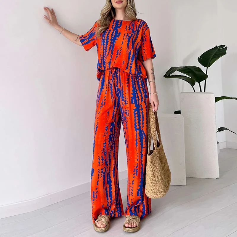 

Elegant Commuter Suit 2024 Fashion Pattern Print Women Two Piece Set Summer O Neck Short Sleeve Shirt Tops and Long Pants Outfit