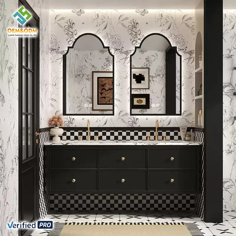 OEM Modern Solid Wood Bathroom Vanity Table Cabinet Ceramic Basin Copper Drainer Wall-Mounted LED Mirror Sink Faucet Bedroom