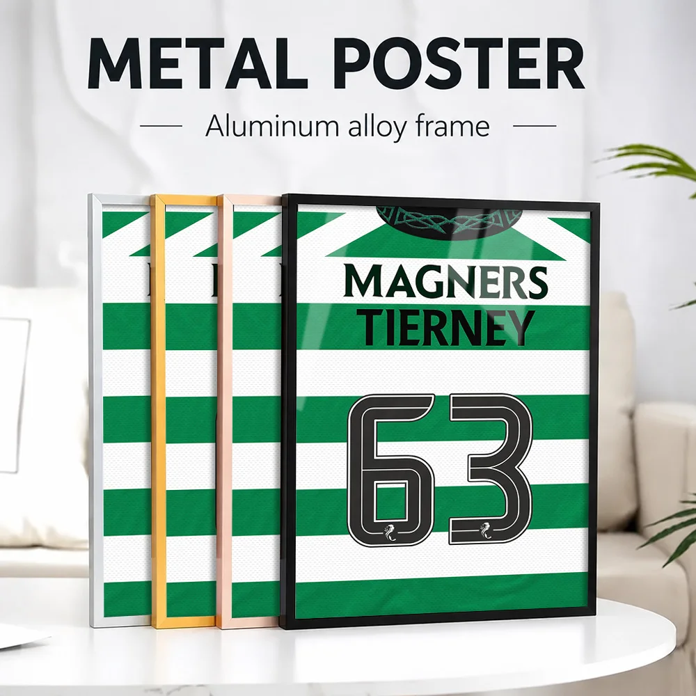Celtic FC Kieran Tierney 63 Football Shirt Framed Metal Print Personalized Photo Victory Style Wall Art For Office Athlete Gift