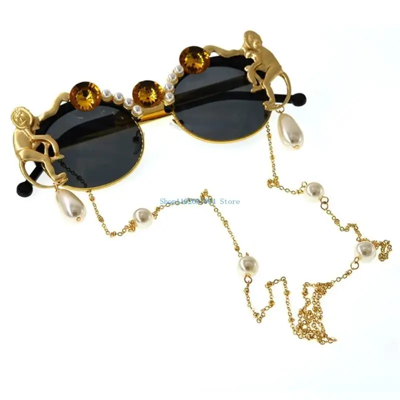 N7YF Elegant Baroquely Pearls Chain Sunglasses for Women Men Unisex Comfortable Sun Protective Eyeglasses for Various Occasion