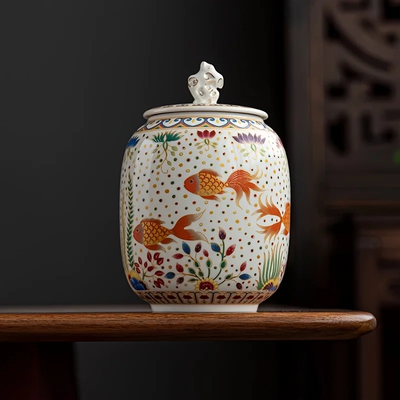 Chinese Pastel Decorative Ceramic Jar,Enamel‑Color Bright Floral‑Pattern Tea Canister,Multi‑Purpose Household Storage Tea Water