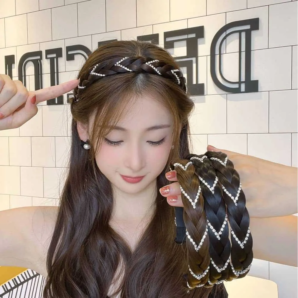

High-end Synthetic Wig Hair Band Diamond Headband Simulate Hair Rhinestone Twisted Headband High Skull Accessory