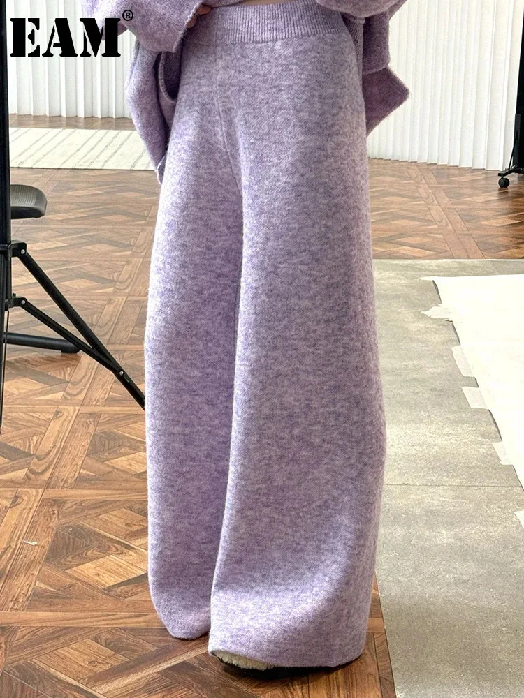 [EAM] High Elastic Waist Purple Warm Knitting Long Wide Leg Pants New Trousers Women Fashion Tide Autumn Winter 2025 1DH9200