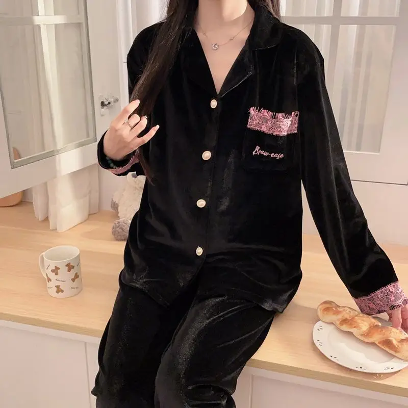 

Spring autumn Women's pajamas long sleeves cardigan Korean style Sleepwear minimalist premium feel Pajama homewear suit winter