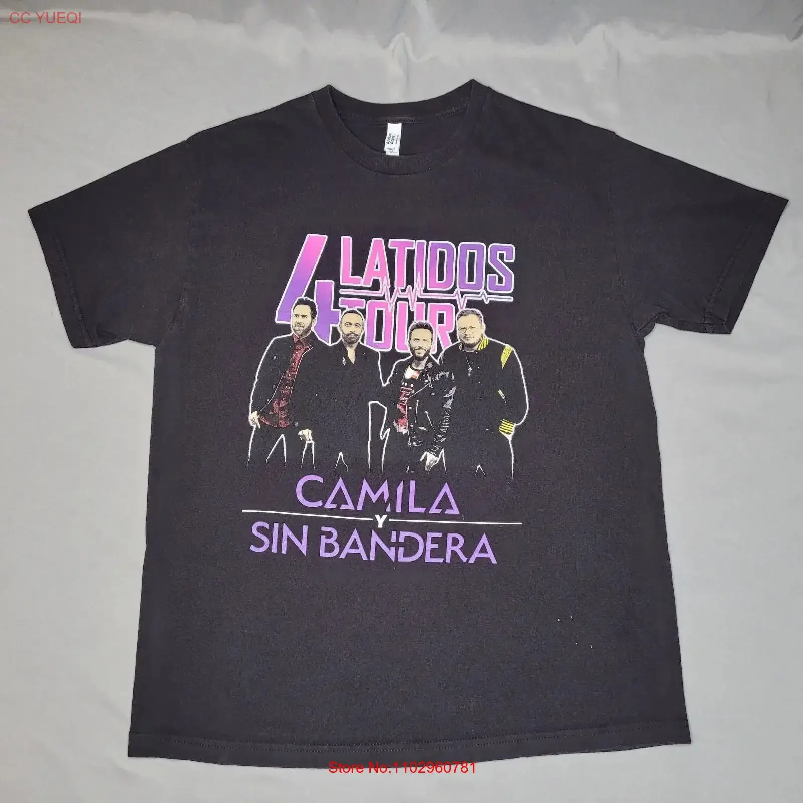 Camiseta Camila Y Sin Bandera para Hombre, Talla Grande, Negra, 4 Latidos Tour Concert, Estilo Vintage, Lavada, Elástica y Versátil