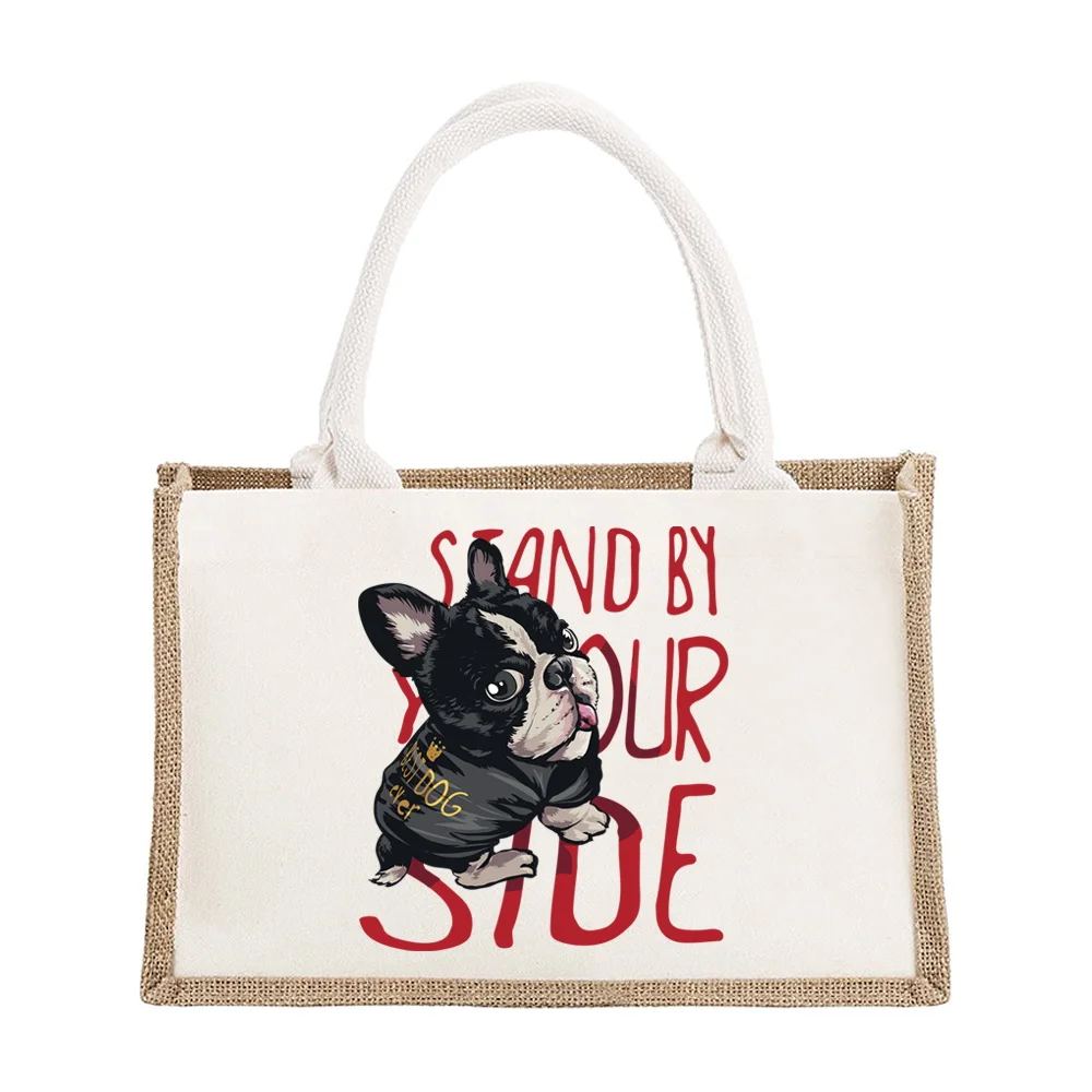 Reusable Jute Burlap Shopping Bag Handbags for Women Grocery Eco Bag Female Tote Bag Cloth Shopper Bag Purse Dog Print