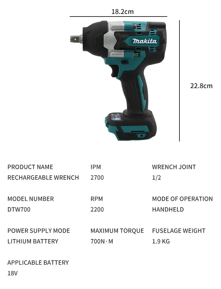 NEW Original Makita DTW700 DDF487 Electric Impact Wrench 1000 N.m High Torque 1/2 Inch Compatible With 18V Makita BL1860 Battery