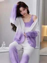 Winter New Half-side Velvet Three-piece Set Sling Nightgown Pants Thickened Internet Popular Style Home Clothes Pajamas Women's