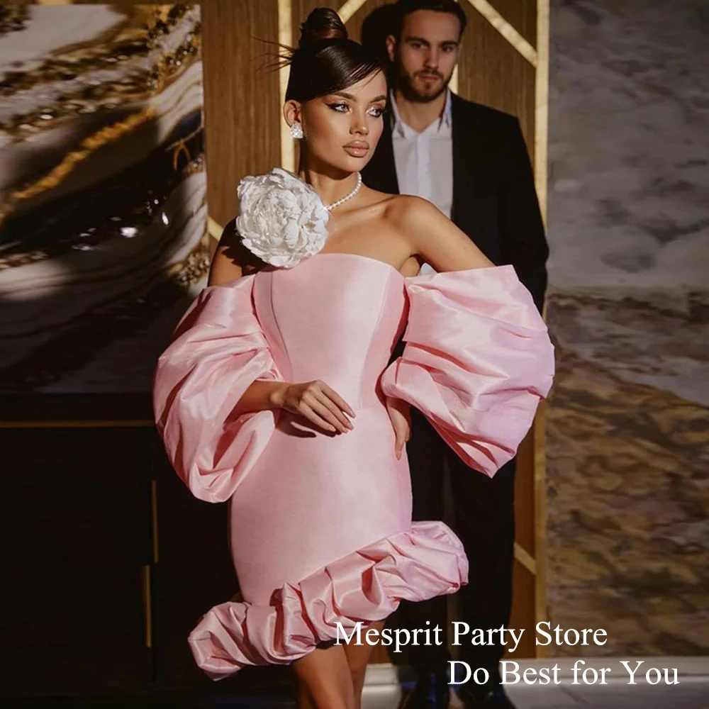 Sexy Pale Pink Cocktail Dress Customized Strapless Puff Sleeves Pleat Ruffles Evening Gown Mini Saudi Arabic Prom Dresses