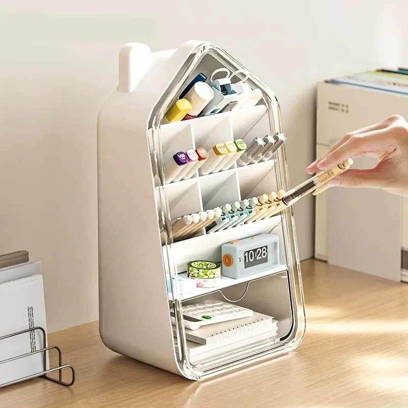 House Shape Pen Holder Multi Compartment Desk Organizer Slant Insert Stationery Storage Box Student Desktop Pencil Holder