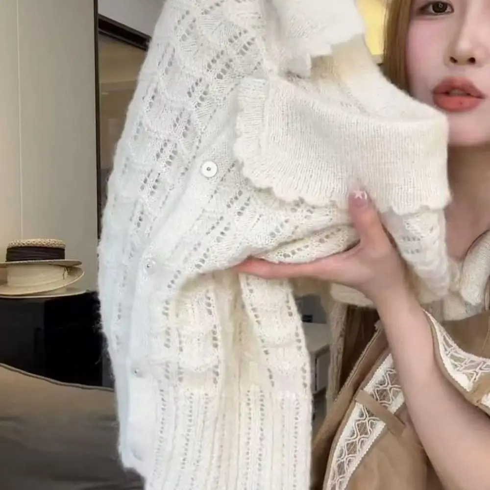 Openwork Texture Short Sleeve Knit Shirt Button Front Peter Pan Collar Knit Cardigan Cropped Style Cropped Knit Top