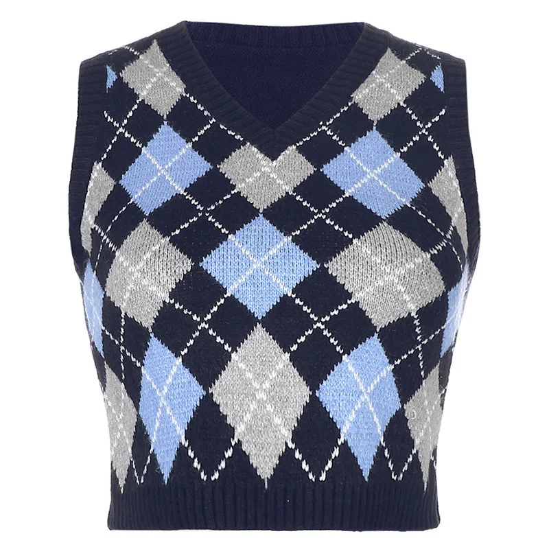 New spring autumn women\'s solid color plaid folded wear sweater sleeveless V-neck knitted vest