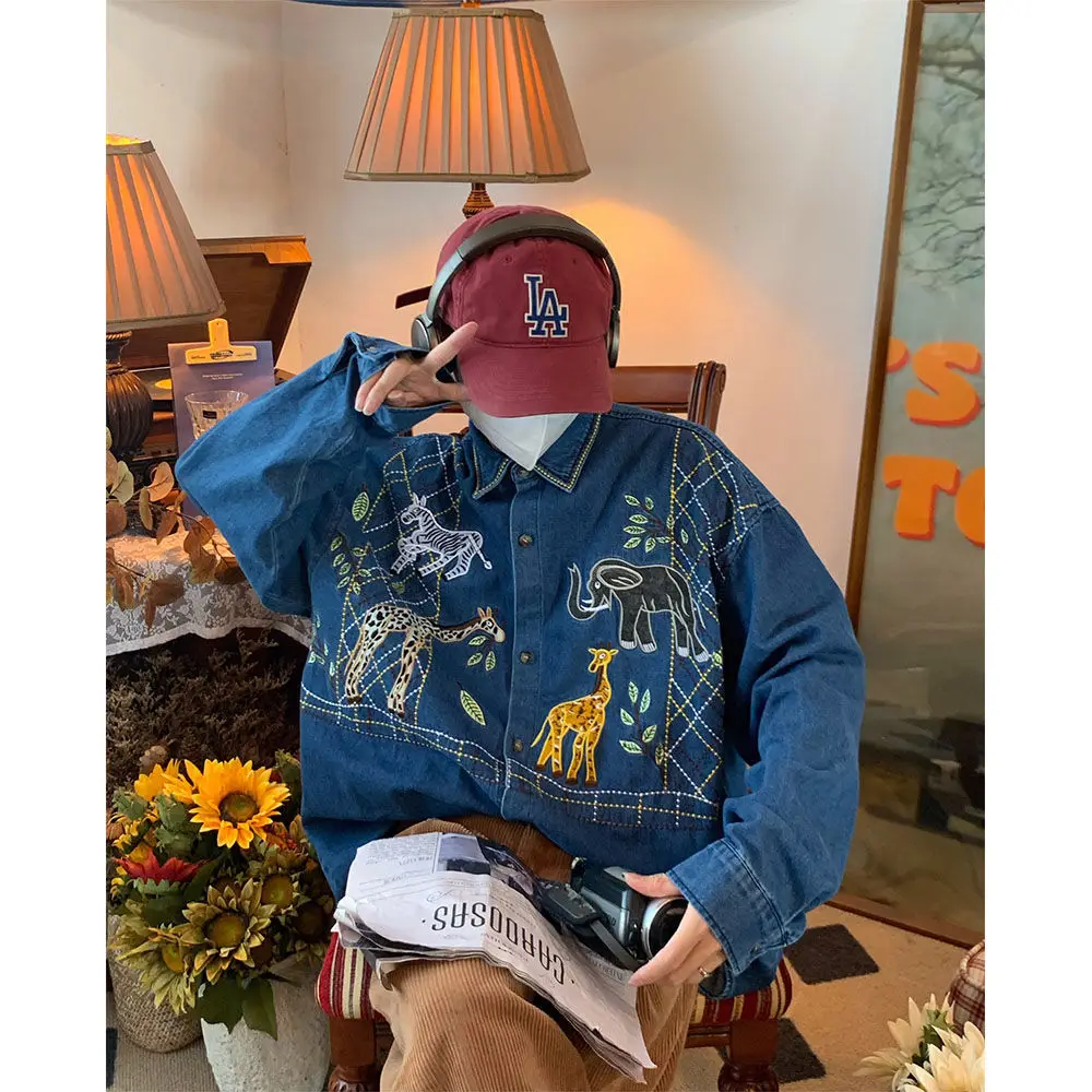 Retro Giraffe Embroidered Zoo Denim Shirt Men 2022 Autumn New Vintage Style Casual Long Sleeve Casual Shirt Women Top Punk Style