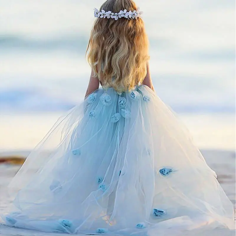 

Blue Applique Flower Girl Dress Kids Birthday Sleeveless Princess Sweetheart Ankle Length A-Line Wedding Lace Beach Prom Dresses