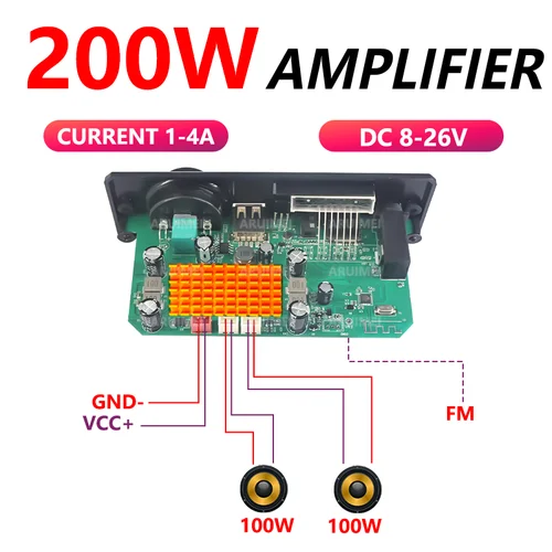 Imagen 2 del producto Amplificador de 200W, placa decodificadora de MP3 con Bluetooth 5, reproductor de Audio de 2x100W, reproductor de MP3 DIY de 26V, módulo de Radio FM para coche, TF, micrófono USB, grabación de llamadas