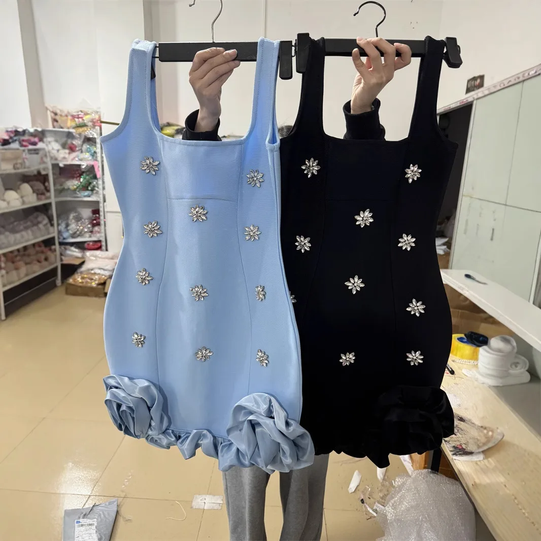 

Women Sexy Ruffles Square Collar Rhinestone Bodycon Mini Bandage Dress Evening Party Club Elegant Luxury Birthday Dresses 2025