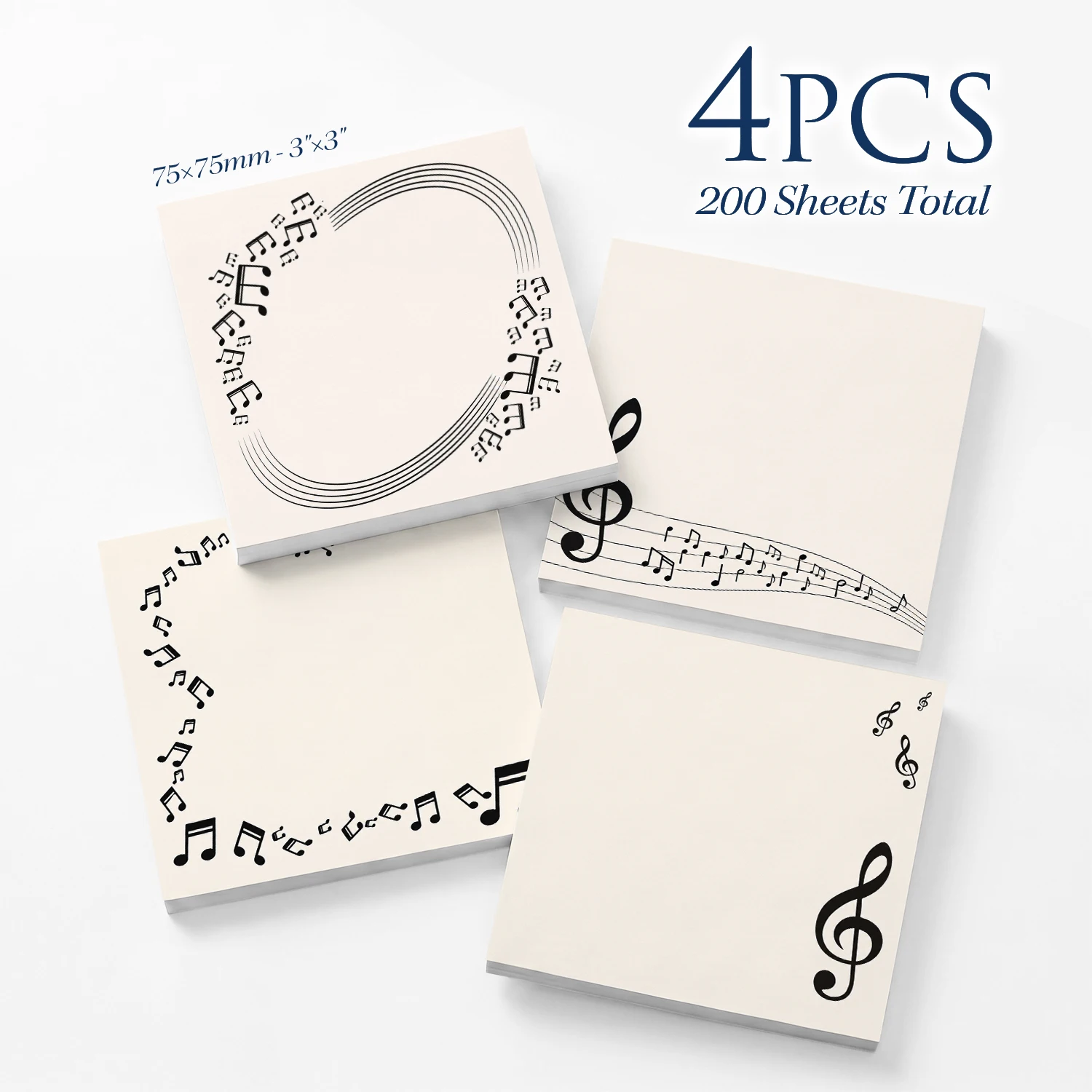 4pcs Music Sticky Notes Set, Musical Notes Treble Clef Self Stick Memo Pads, 200 Sheets Total, Simple Music Theme Notepads