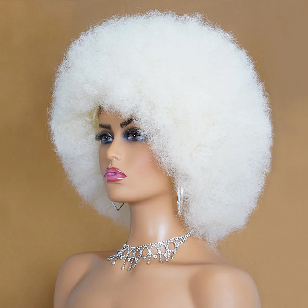 Short Synthetic White Wig Mixed Ash Blonde Afro Curly Wig With Bangs High Puff Heat Resistant Fiber For Woman