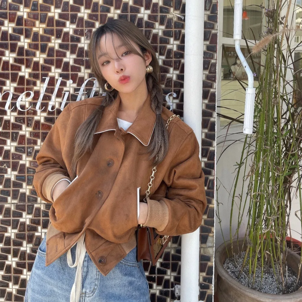 레트로 슬레 모터사이클 디자인 스플라이스드 코트 페이크 스웨이드 벨벳 여성용 아우터웨어 봄 가을 겨울 패션 한국