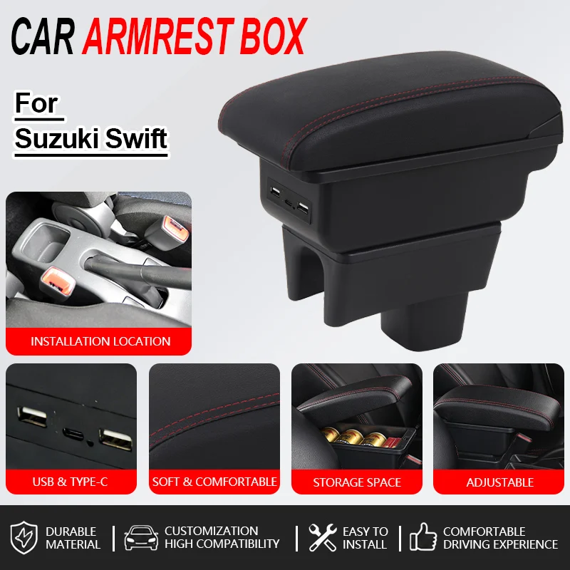 Armrest For Suzuki Swift 2026 2025 2024 2023 Car Console Black PU leather Storage Box With USB Interior Design Car Accessories
